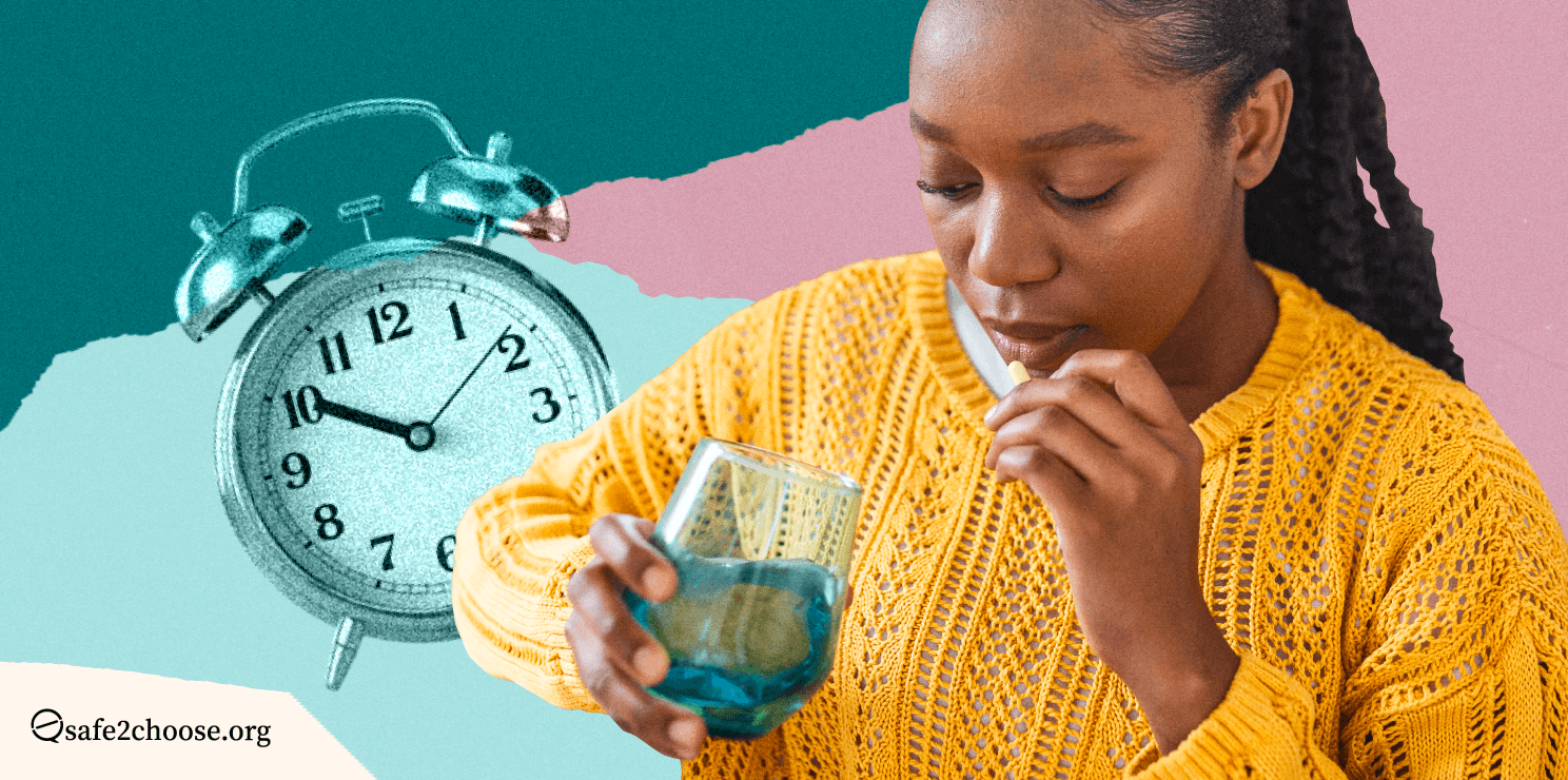 Woman in a yellow sweater taking a pill while holding a glass of wated. Blue and pink background with a clock.