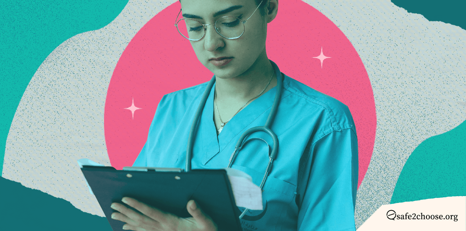 Pink and blue back ground with sparkles. A doctor wearing her uniform looking at a chart.